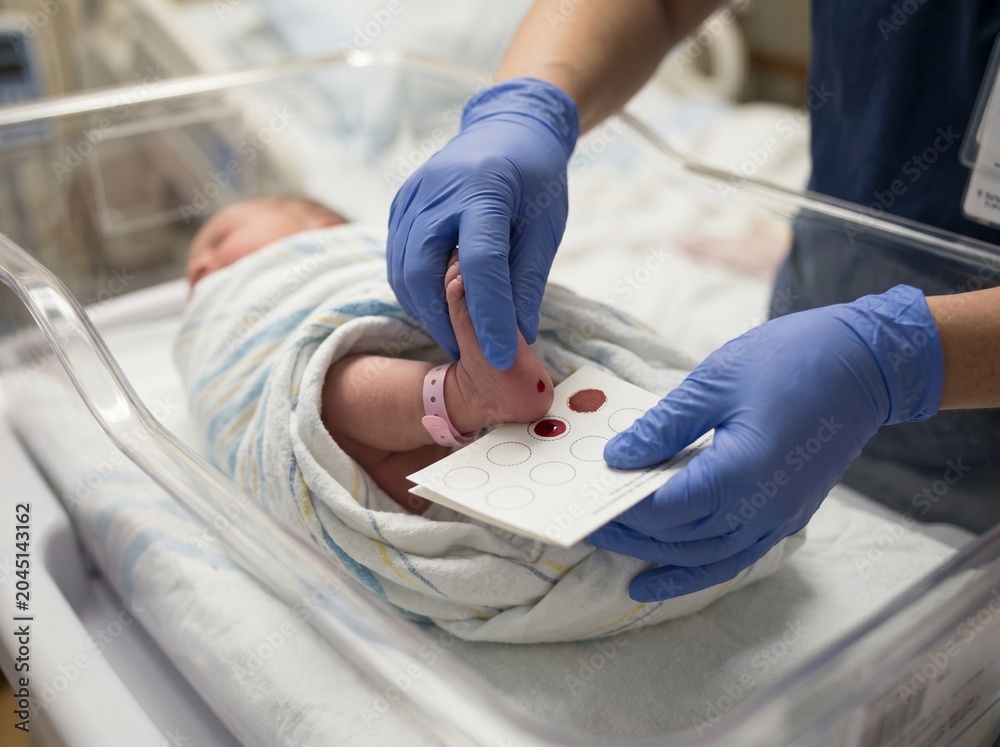 Fototapeta premium A healthcare professional in blue gloves performs a newborn screening heel prick test on a swaddled infant in a hospital bassinet, collecting blood on a filter paper card