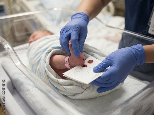 A healthcare professional in blue gloves performs a newborn screening heel prick test on a swaddled infant in a hospital bassinet, collecting blood on a filter paper card