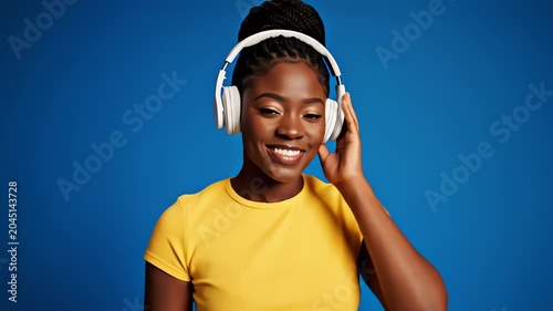 Happy african woman enjoying music with wireless headphones