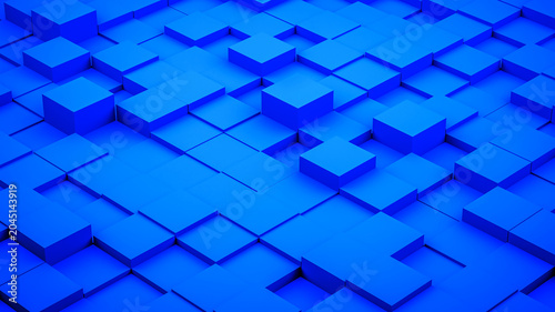Abstract blue isometric 3D cubes background. Full frame digital technology block perspective grid pattern.