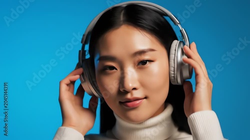 Close up of young asian woman immersed in music with headphones