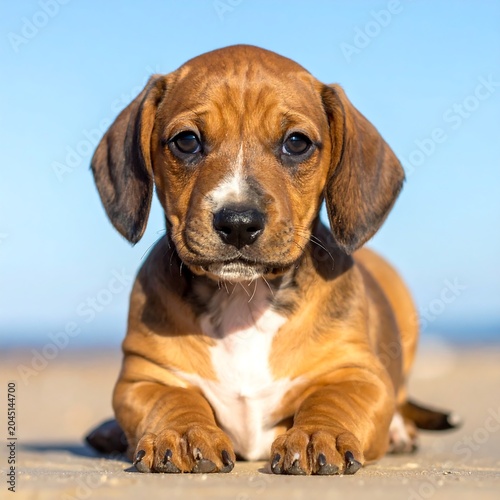 Adorable Brown Dachshund Puppy Lying on Sandy Beach Under Blue Sky