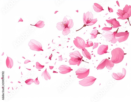 Delicate pink flower petals drift and scatter across a white background