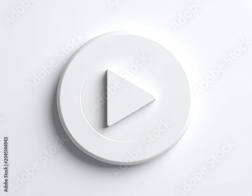 Minimalist white play button icon with subtle shadow on a white background