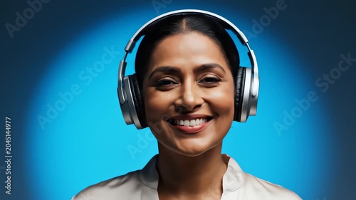 Serene woman enjoying music with headphones under spotlight