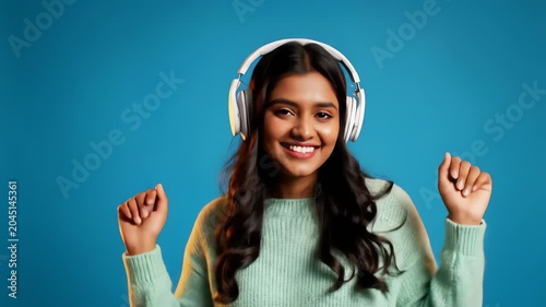 Happy indian woman dancing and listening to music in headphones