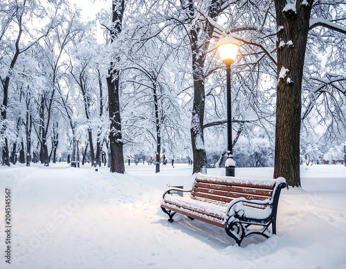 Snow Covered Park Bench Sitting Under Glowing Street Lamp in Quiet Winter Forest