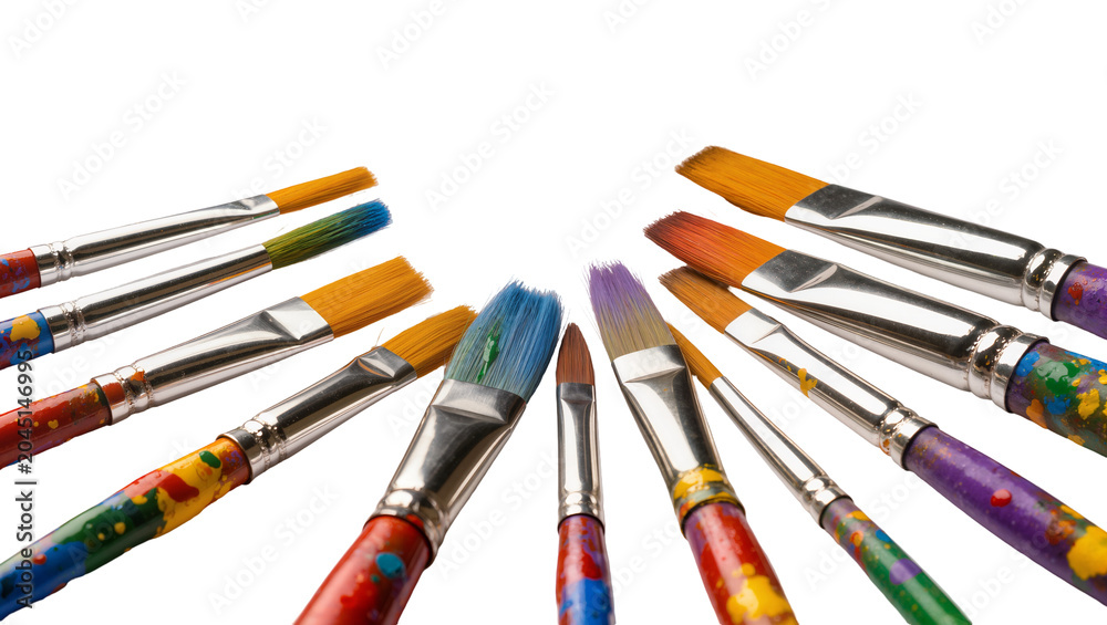 Obraz premium Isolated artist paintbrushes with colorful paint-splattered handles for creative painting projects
