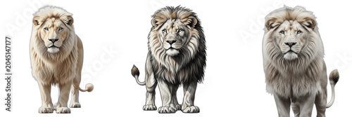 Photography Male Lion PNG Set, Three Majestic White and Barbary Lions Standing Front View Is
