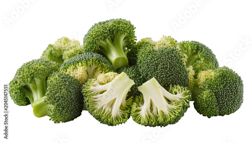 Photos Isolated fresh green broccoli florets and cut halves, healthy raw organic vegetable ingredient