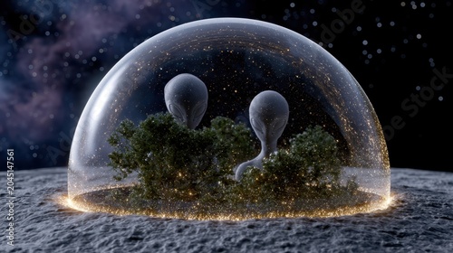 surreal conceptual art humans in a glass terrarium in space, observed by serene aliens, with cosmic backdrop entitystate undertones, retro-futuristic lighting, and cinematic symbolism