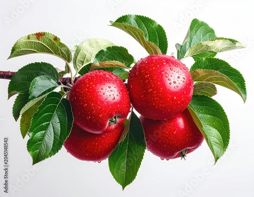 Four ripe red apples with water droplets on branch