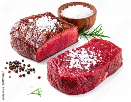 Two raw and cooked seasoned steaks, a salt dish, and peppercorns