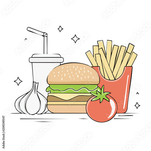 Flat design illustration of a fast food meal with burger, fries, and