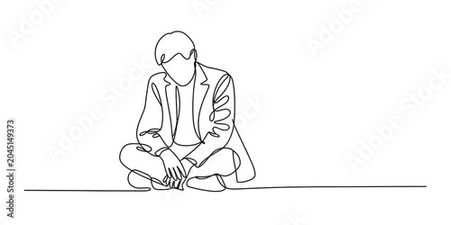 Sad man sitting on the floor in a continuous line drawing style showing a lonely person feeling depressed with a suit jacket in a simple minimal art design Vector, illustration