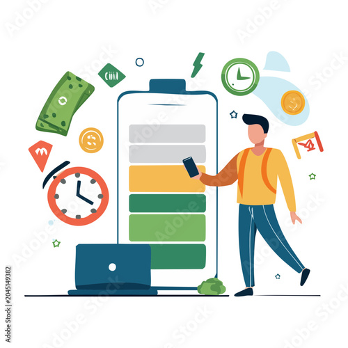 Flat design illustration of battery charging with person, money, and