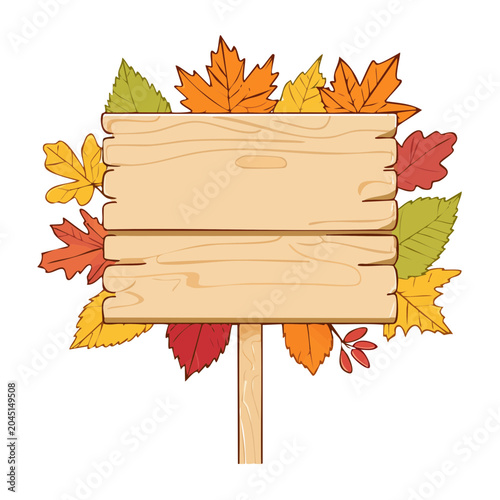 Wooden sign with autumn leaves