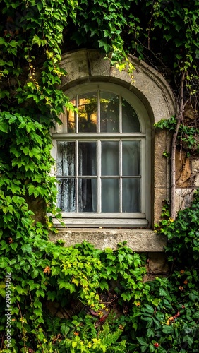 Arched Stone Window Framed by Lush Green Ivy on Old Building Facade