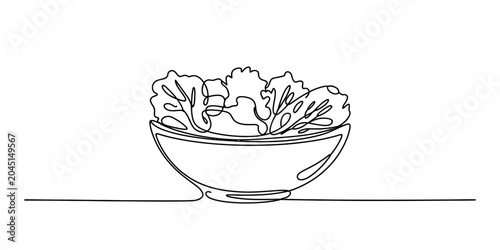 Continuous single line drawing of a fresh green salad in a ceramic bowl for healthy food and vegetarian diet concept art style minimalist vector illustration Vector, illustration