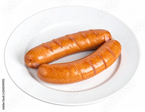 Two grilled, browned sausages with grill marks, on a white plate