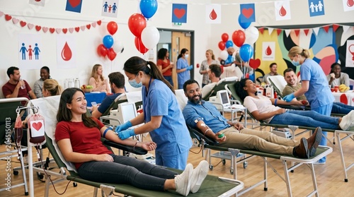 A diverse group of smiling volunteers donating blood at a community center while professional nurses in blue scrubs and face masks provide care during a festive and organized blood drive event