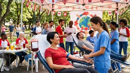 Smiling nurse in blue scrubs assists a woman donating blood at a community outdoor blood drive event in a sunny park, featuring diverse volunteers, donors, and medical staff under a tent