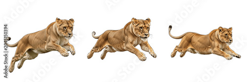 Photos Set of Three Running Lioness Figures in Action Poses, Majestic Female Lion Leapi