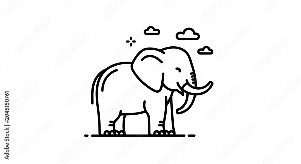 Fototapeta premium Minimalist Black and White Line Icon of an Elephant with Tusks, Representing Wildlife, Safari, and Nature Concepts