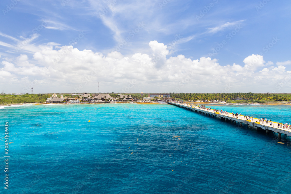 Fototapeta premium Costa Maya is a cruise ship port city on Mexico’s Yucatan Peninsula featuring a tropical village for guests to eat, shop, swim, and do excursions.