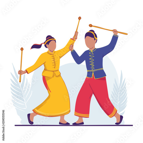Two people in traditional clothing dancing with sticks