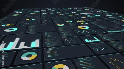 3D Digital Business Dashboard Grid with Financial Data and Coding