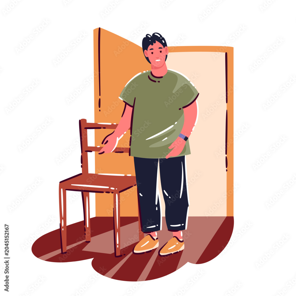 Fototapeta premium Man Standing Beside Chair in home room with wooden chair, doorway, casual clothes and relaxed pose. Daily interior scene with man standing beside chair, flat lifestyle vector illustration.