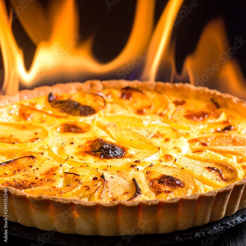 Golden Onion Tart Baking with Open Flame in Dark Oven Setting