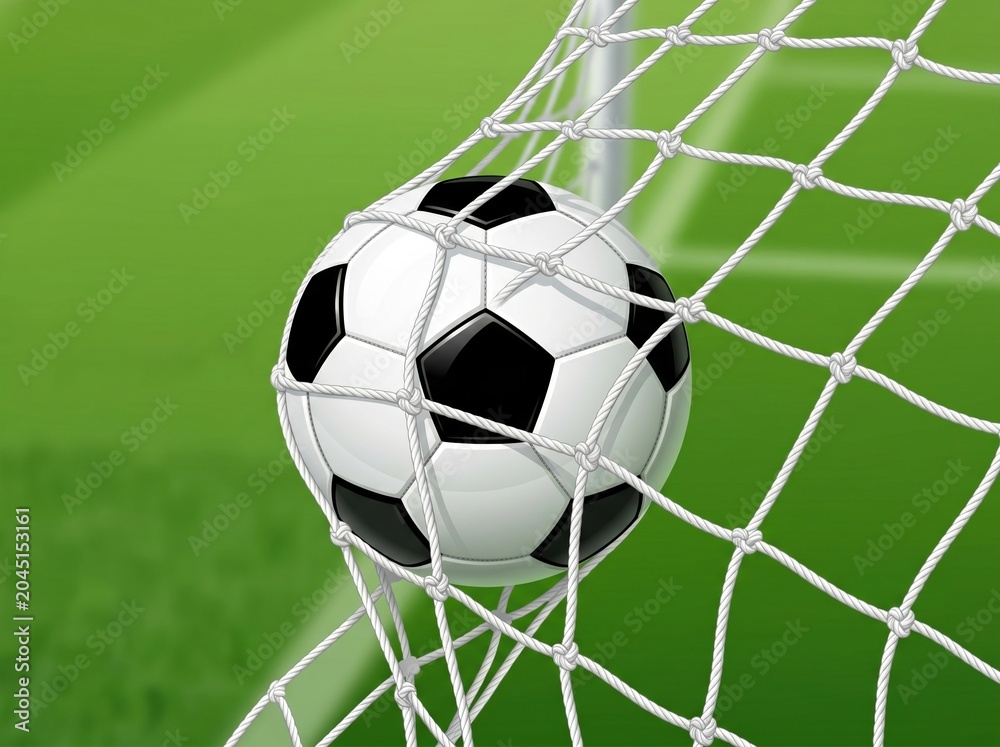 Fototapeta premium Soccer ball hitting the net in a closeup goal moment