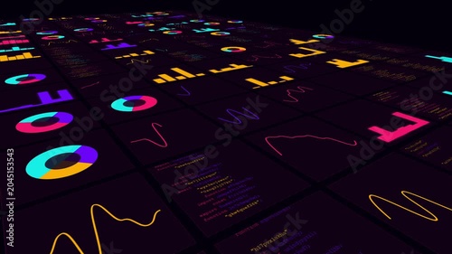 Financial Data Dashboard with 3D Glowing Pie Charts and Graphs