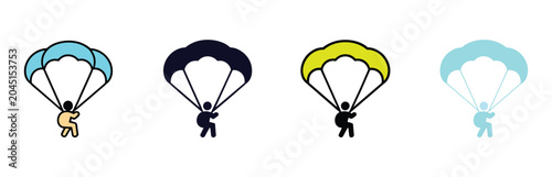 Foto Paragliding Icons: A set of four minimalist icons depicting paragliders soaring through the sky, each with a distinct color palette, representing freedom and adventure