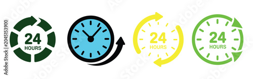 Bilde på lerret 24 Hour Service Icons: A collection of four distinct icons representing 24-hour service, featuring clocks and circular arrows, conveying availability and continuous operation