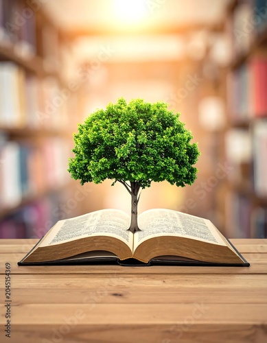 Lush Green Tree Growing From Open Book on Wooden Table in Blurred Library