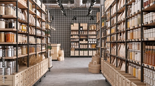 Eco Friendly Supermarket Aisle Features Package Free Products and Reusable Containers in Modern Interior Setting