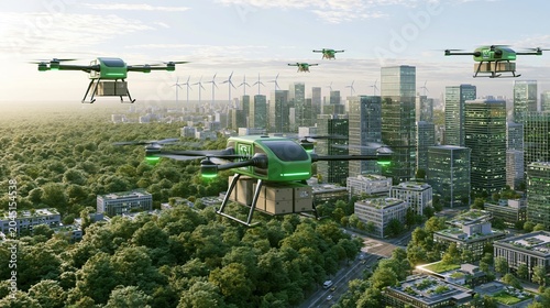 Electric Delivery Drones Transport Packages Above Smart City With Green Logistics and Modern Buildings in View