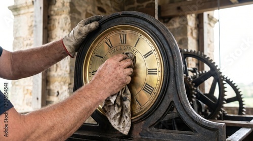 Clockmaker wiping the brass face of a large antique tower clock mechanism with a dirty rag