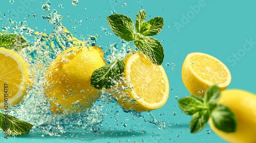 Fresh Lemons Splash Into Sparkling Water With Mint Leaves on Turquoise Background for Healthy Drink Concept