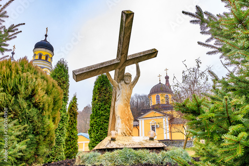 Tableau sur toile Sculpture Jesus Christ carrying his cross, old monastery Hincu in Moldova