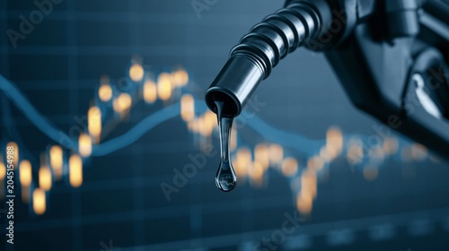 Gasoline Nozzle Drips Fuel in Front of Financial Graph Showing Oil Price Changes Across the Market