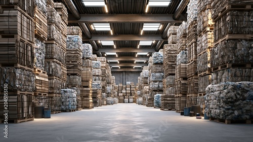 Giant Recycling Warehouse Full of Sorted Cardboard and Plastic Stacked in Neat Rows During Daytime Hours