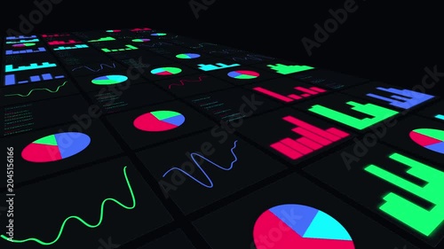 Colorful Neon Glowing Dashboard Chart Graph Finance Network overlay animation, Bright Neon Pie Chart Data Dashboard Finance Analytics Tech Background