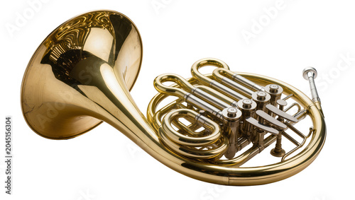 Foto Isolated shiny brass French horn, classic orchestral musical instrument, elegant
