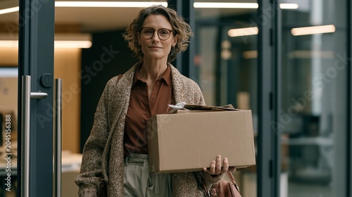 Mature Woman Leaves the Office Carrying a Cardboard Box of Personal Items After Resigning From Her Job and Entering a New Phase of Life