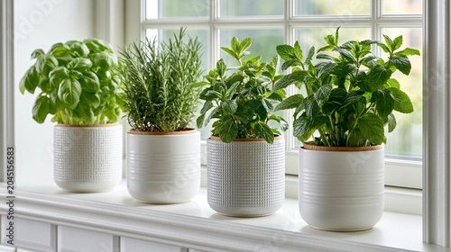 Organic Herbs in Ceramic Pots Arranged on a Kitchen Windowsill With Natural Sunlight Shining Through in a Modern Setting