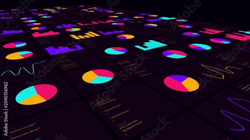 Vibrant Neon Data Dashboard Bar Graph Pie Chart Tech animated footage